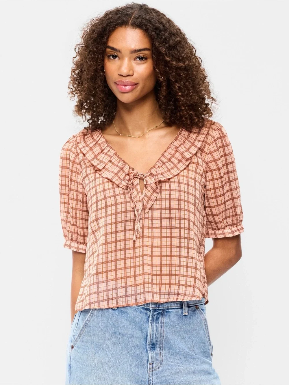 Old Navy Pink Plaid Ruffle Tie-Front Blouse
